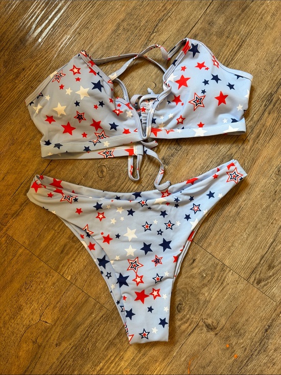 SHEIN Other - SHEIN Light Blue Star-Print Tie-Back Bikini Set with Red & Navy Stars